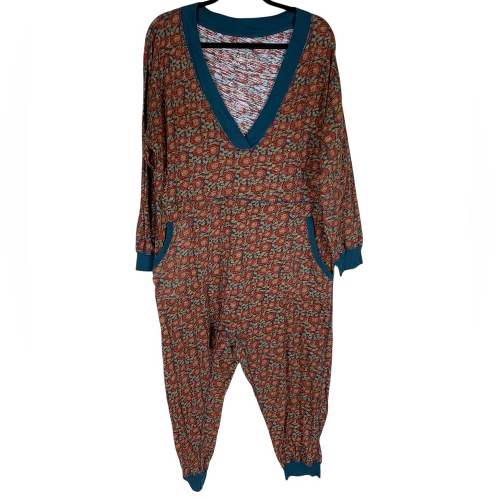 NATURAL LIFE Rust Floral Print Jumpsuit with Teal Trim